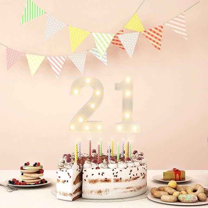 LED Marquee Letter Lights, Decorative Light Up Numbers for 21th Birthday Party, Battery Operated, Warm White Small Marquee 21 Sign for Anniversary Decorations