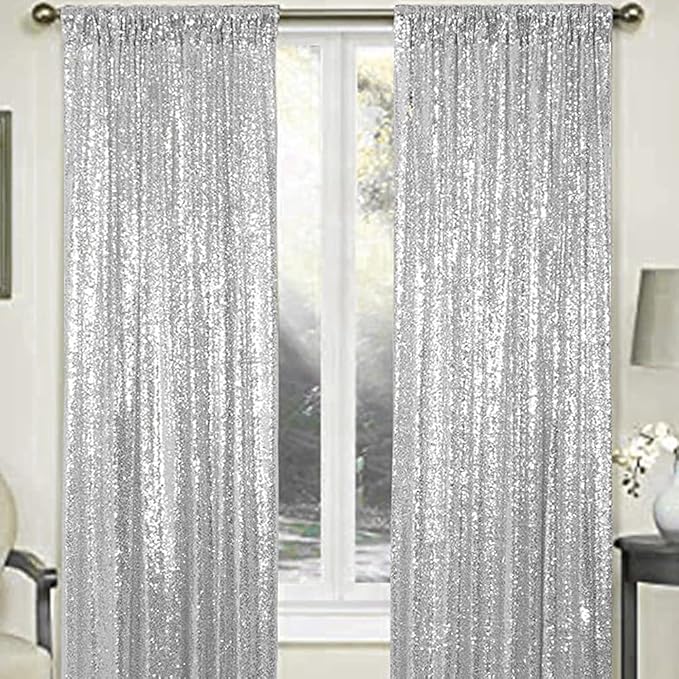 Silver Sequin Backdrop Curtains 1 Panel 10FTx10FT Wedding Photo Backdrop Drapes Glitter Birthday Bridal Party Curtains Sparkle Background Party Decor Curtains