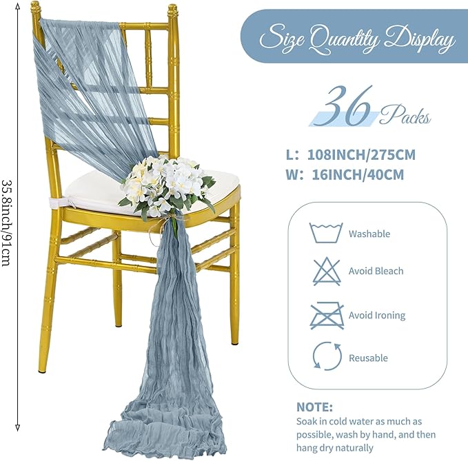 36 Pcs Dusty Blue Cheesecloth Chair Sashes, 16 x 108 inch Gauze Fabric Washable Chair Sashes Bows Designed for Aisle Decorations Universal Chair Cover Decor for Wedding Reception Party Banquet