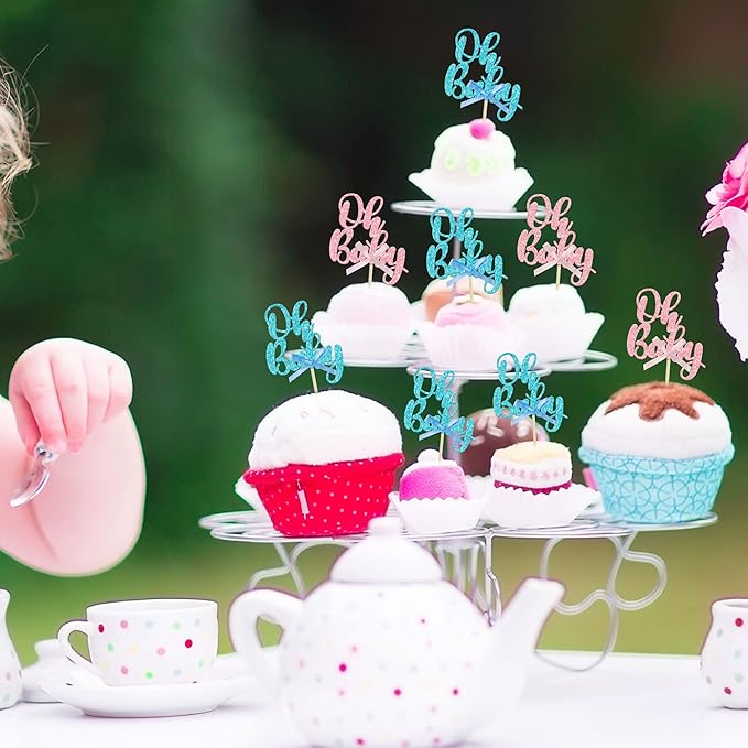 Gyufise 36Pcs Oh Baby Cupcake Toppers Pink Blue Bow Glitter Baby Shower Gender Reveal Cupcake Picks for Boy or Girl Theme Baby Shower Kids Birthday Party Cake Decorations Supplies