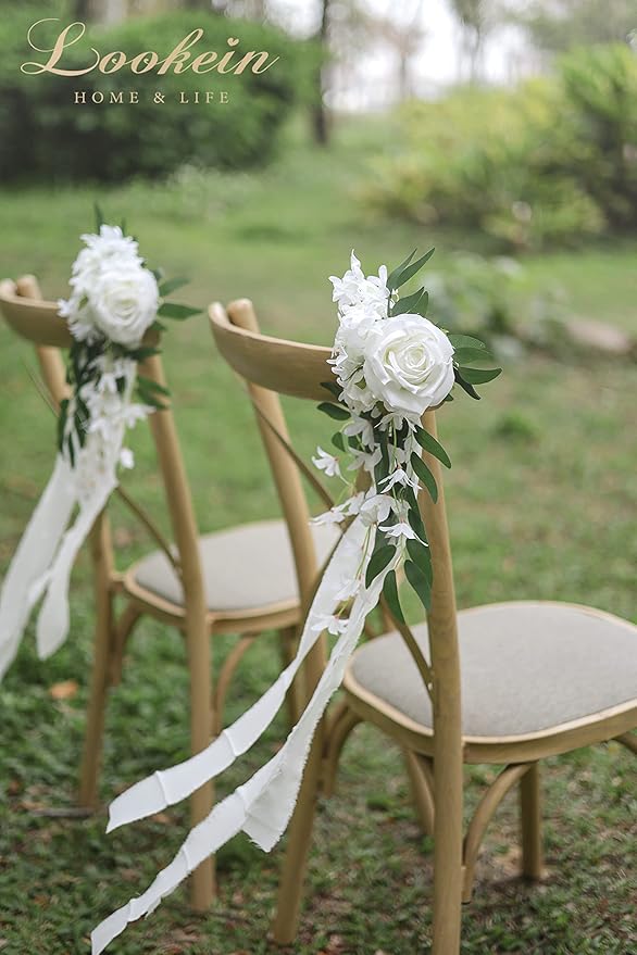 Lookein Set of 8 Pew Flowers for Wedding Ceremony Chair Decorations Bench Decoration Wedding Aisle Chair Decoration, Natural White