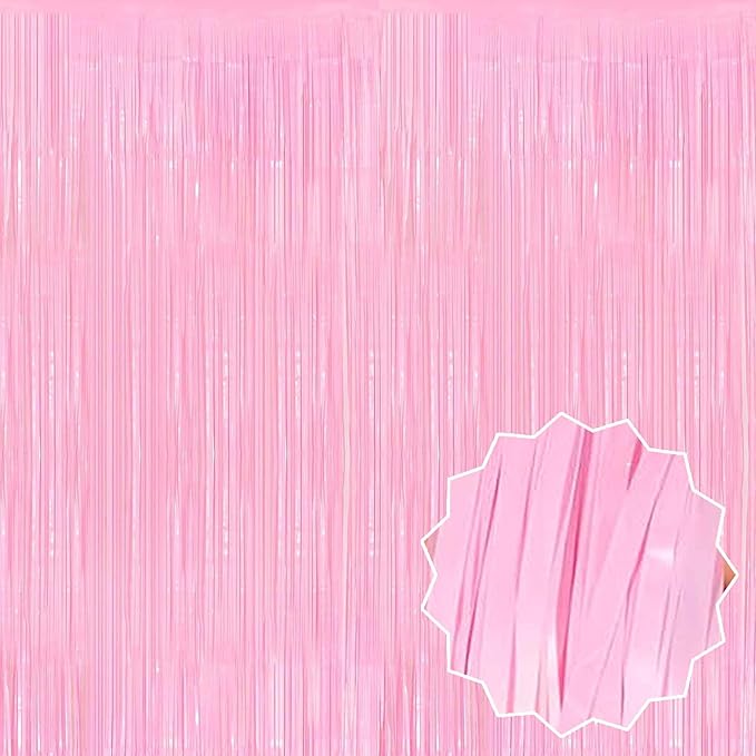 6 Pack Macaron Pink Foil Fringe Curtains Backdrop, 3.28 x 8.2 Ft Metallic Streamers Tinsel Curtains Background for Photo Booth, Birthday, Weddings, Carnivals, Graduation, Themed Party Decorations
