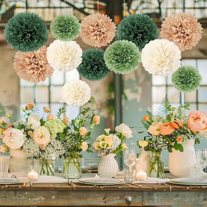 Capesaro Olive Sage Green 12PCS Paper Pom Poms Party Decorations for Natural Green Boho Safari Jungle Party,Hanging Tissue Paper Flowers for Engagement,Wedding,Baby Shower
