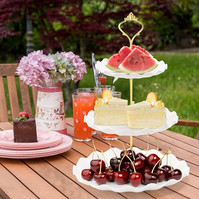 Coitak 3 Tier Cupcake Stand, Plastic Tiered Serving Stand, Dessert Tower Tray for Tea Party, Baby Shower and Wedding (Wavy-Metal Rod)