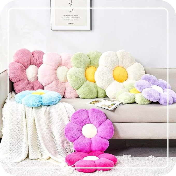 Pink Flower Pillow, Cute Decorative Flower Shaped Throw Pillow with Faux Rabbit Fur, 14.9" Soft Flower Plush Throw Pillow Floor Pillows Room Décor for Bedroom Living Room
