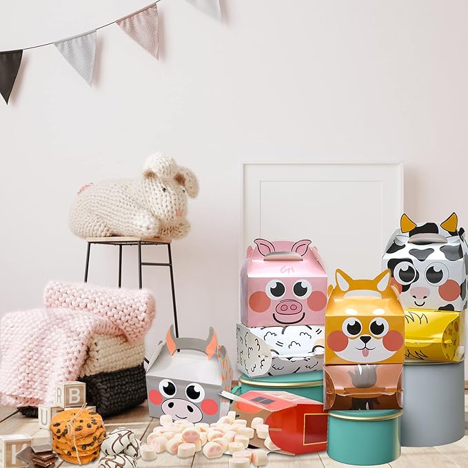 24 Pack Farm Animal Party Favor Boxes, Farmhouse Themed Party Candy Goodie Treat Gift Boxes for Baby Shower Kids Birthday Party Decorations Supplies, 8 Designs