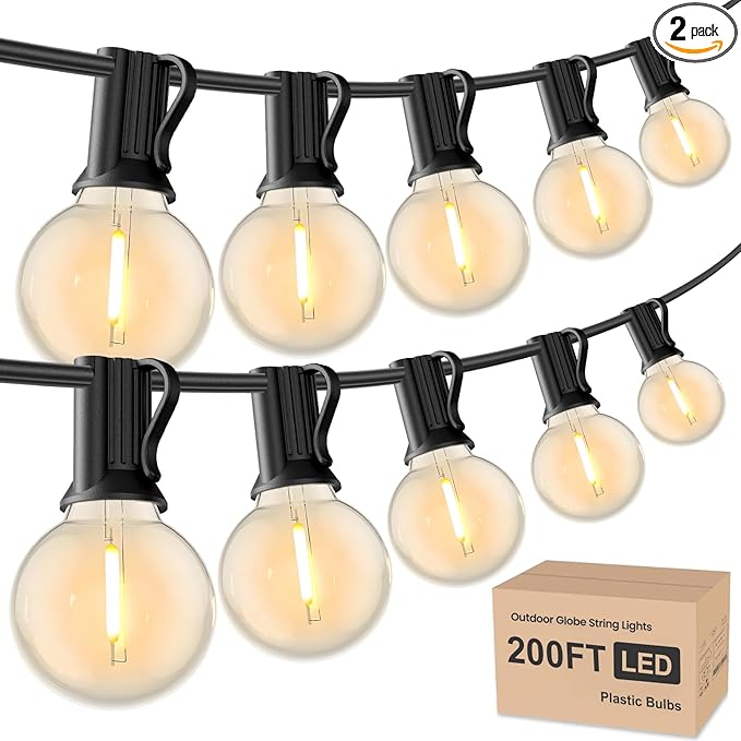 RTTY Outdoor String Lights 200ft, 2 Pack 100ft G40 Led Patio Globe Lights with 52pcs Bulbs,Shatterproof Waterproof Connectable Outside Hanging for Porch Cafe Bistro Backyard Gazebo Balcony Deck Party