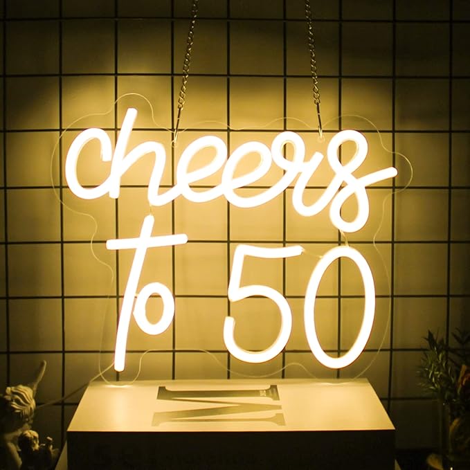 Cheers to 50 Neon Sign Happy 50th Birthday Neon Signs for Wall Decor Warm White LED Neon Light Sign Letter Neon light Cheers to 50 Years Neon Signs for Bedroom Bar Birthday Wedding Party Decor