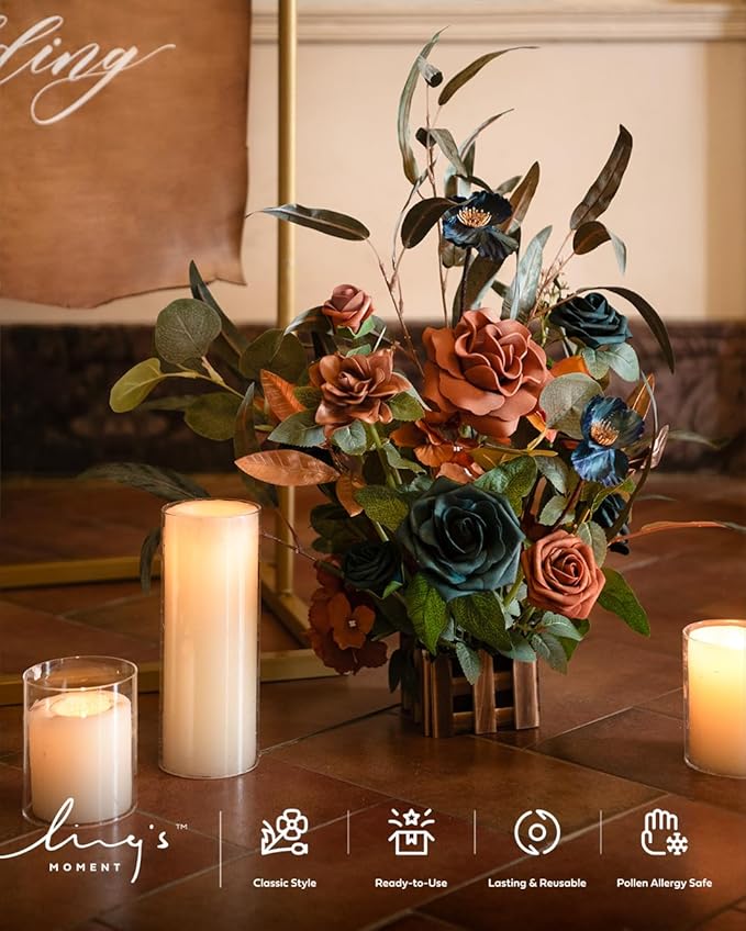 Ling's moment 17.5" Tall Standing Artificial Flowers Arrangements 4pcs Fall Wedding Aisle Runner Chair Decorations Teal Burnt Orange Centerpieces Ceremony Reception Rose Floral Party Outdoor