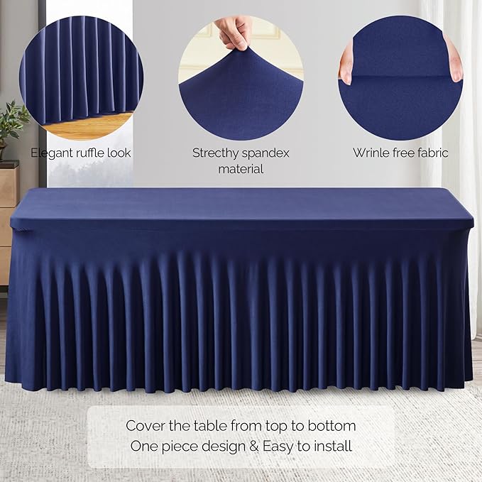 Wish Care 2 Pack Navy Blue Stretch Spandex Table Clothes for 6 Foot Rectangle Tables, 6FT Wrinkle Free Fitted Tablecloths Ruffles Design Table Cover for Party, Banquet, Wedding and Events