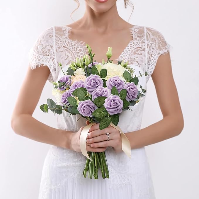 N&T NIETING Purple Artificial Flowers, 25pcs Artificial Flowers Bulk Fake Flowers Roses with Stem for DIY Wedding Bridal Bouquet Baby Shower Home Decoration, Lavender
