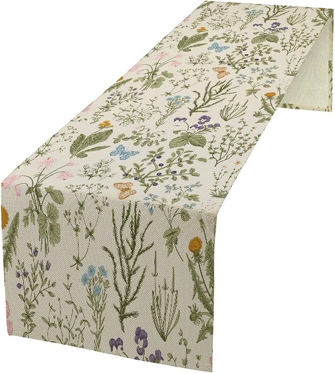 Floral Botanical Table Runner, Garden Spring Flower Botanical Butterfly Animal for Restaurant, Kitchen, Wedding, Party Rectangular Table Runner Decoration,13in（33cm） W * 120in（305cm） L