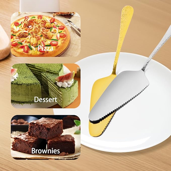 Stainless Steel Cake Server Pack of 10 Hammered Pie Holder Transfer Triangular Spade Spatula Serrated Edge for Pizza Cake Baking Safe in Dishwasher (Gold)