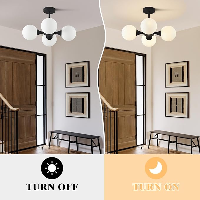 KCO Lighting Mid Century Modern Semi Flush Mount Ceiling Light Fixture Farmhouse Black Globe Sputnik Chandelier Ceiling Light 4-Light Milk Glass Hallway Ceiling Light