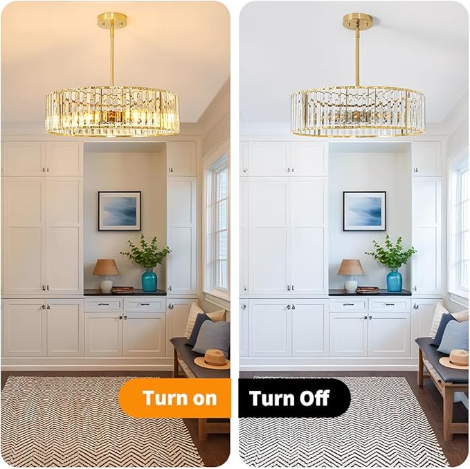 Gold Crystal Chandelier for Dining Room, 6-Light Modern Semi Flush Mount Ceiling Lighting Fixtures, Round Kitchen Fixtures Ceiling, Hanging Drum Pendant Lights for Living Room Bedroom Foyer, 19IN, E26