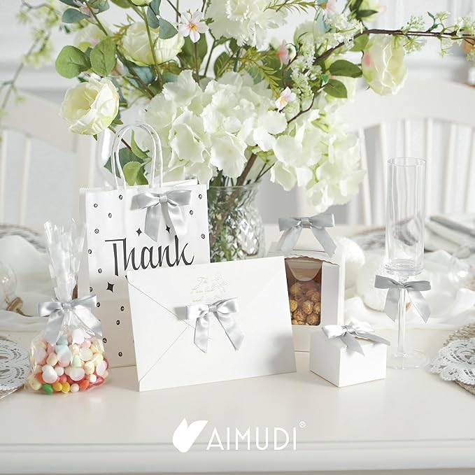 AIMUDI Silver Satin Ribbon Twist Tie Bows 2.5" Pretied Bows Premade Craft Bows for Treat Bags Cake Pop Gift Wrapping Basket Wedding Favors Cookie Candy Bagging Baby Shower - 50 Counts