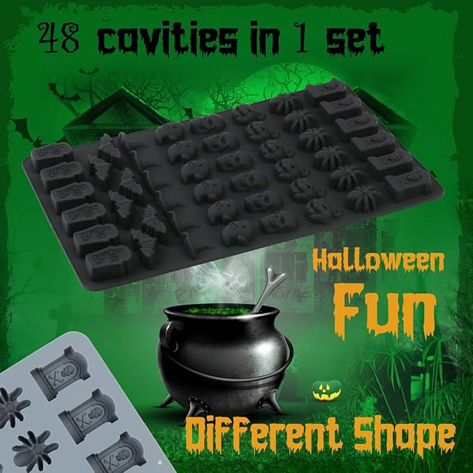 (2 Pack) Silicone Halloween Molds, 96-Cavity Pumpkin Ghost Wizard Hat Bat Spider Tombstone Skull Halloween Silicone Gummy Molds For Chocolate, Fondant, Cupcake Decoration, Biscut - Black&Gray