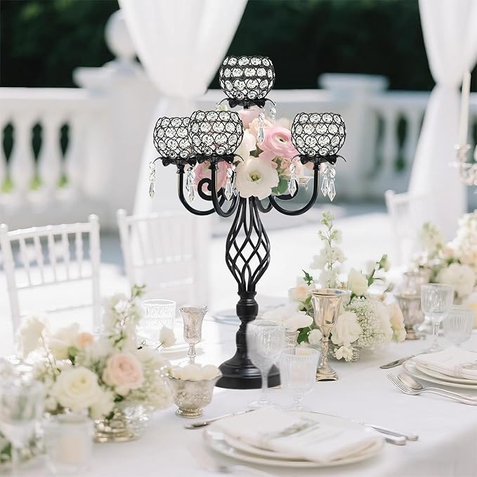 5-Arm Crystal Candelabra Centerpiece 23.2" Tall - Elegant Candle Holder Stand with Crystal Bowl, Chic Table Decor for Weddings, Parties, Anniversary & Home Decoration (2, Black)