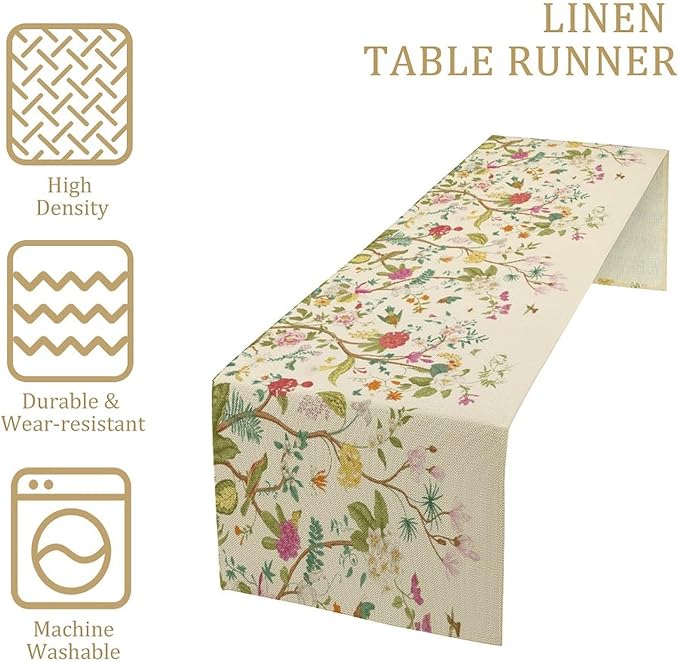 Floral Table Runner, Vintage Birds Wildflowers Herbs Nature Theme Linen Long Table Kitchen Dining Table Holiday Party Decorative Table Runner,13in（33cm） W * 36in（92cm） L