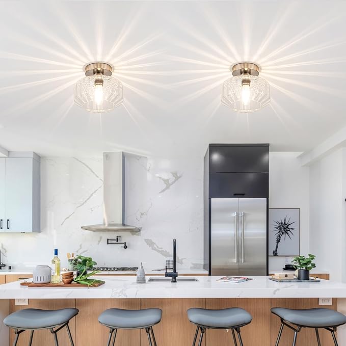 Brushed Nickel Semi Flush Mount Ceiling Light Fixture with Textured Glass & Included 1200 Lumens LED Bulbs, Modern Hallway & Bathroom Light for Entryway, Kitchen, Laundry Room