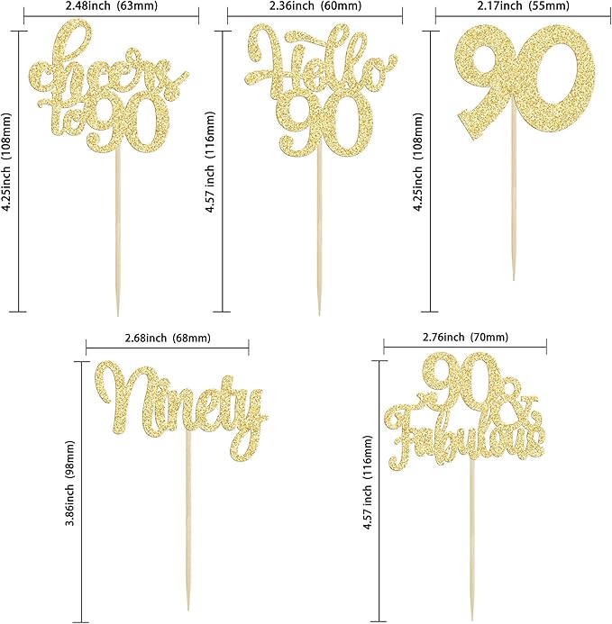 30pcs Happy 90th Birthday Cupcake Toppers - Gold Glitter Ninety Cheers to 90 Years Old Cupcake Picks for Anniversary Party Cake Decorations