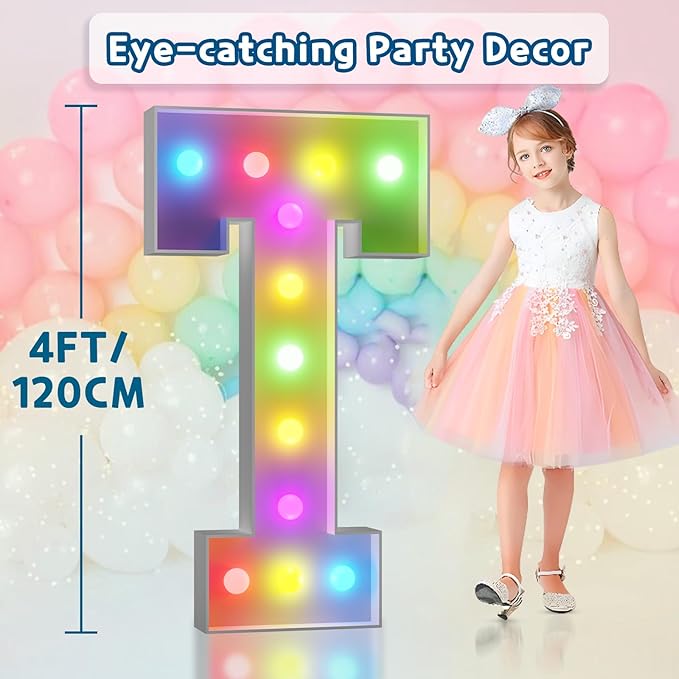 imprsv 4FT Colorful Marquee Light Up Letters T, 18 Colors Large Light up Letters Alphabet Sign with Remote, Large Marry Me Sign, Birthday Party Decorations Baby Shower Anniversary Wedding Decoration