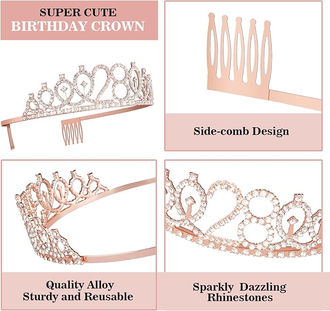 28th Birthday Decorations for Women with Birthday Sash and Tiara, Candles and Cake Topper, Gifts for 28 Year Old Woman