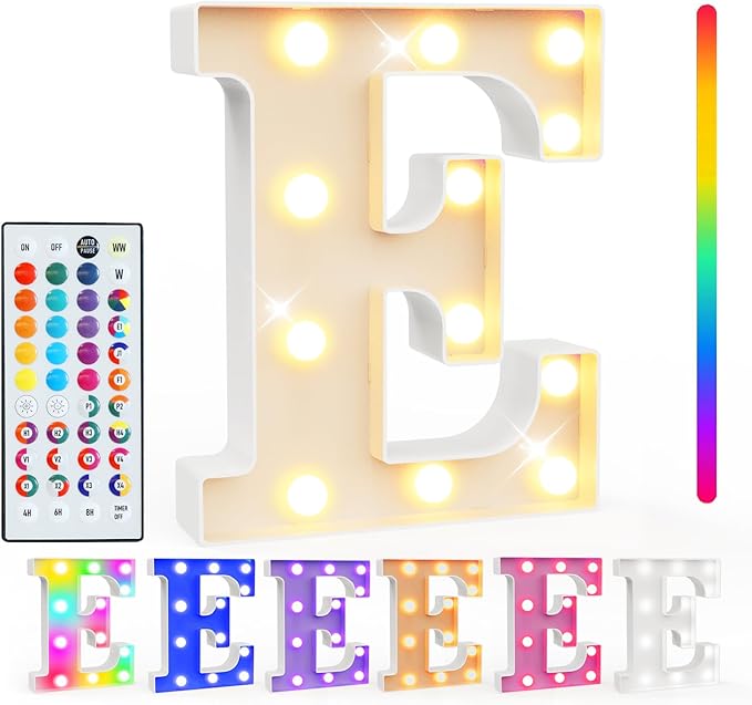 Pooqla Colorful Light Up Letters with Remote, Upgraded 35 Colors LED Marquee Letters, RGB Lighted Letter for Girls Teenager Gift, Birthday, Party, Wedding, Night Light, Room, Bedroom Decor, Letter E