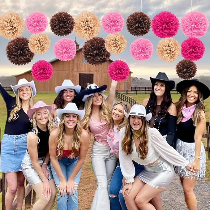 Capesaro Pink and Brown 12PCS Paper Pom Poms Party Decorations for Western Cowgirl Birthday Retro Rodeo Party, Hanging Tissue Paper Flowers for Engagement,Wedding,Baby Shower