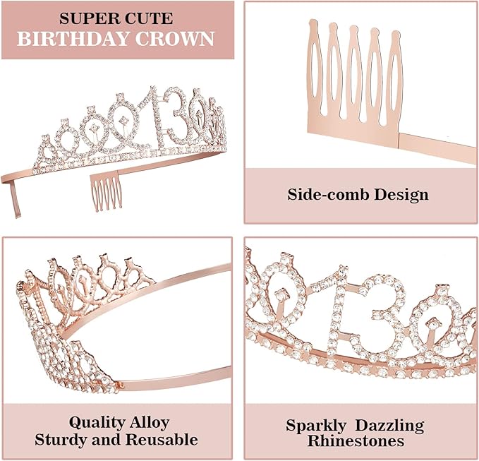 13th Birthday Decorations for Girls, Including Sash, Crown/Tiara, Candles and Cake Topper, Rose Gold Teen Girl Gifts for 13 Year Old Birthday Decorations