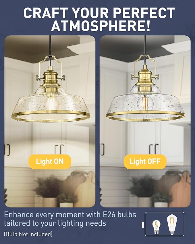 kudos 2 Pack Gold Pendant Lights Kitchen Island, 11" Brass Kitchen Island Lighting with Seeded Glass, Farmhouse Hanging Light Fixture for Kitchen Sink Dining Room Hallways, KDPL13-GD-S-2PK