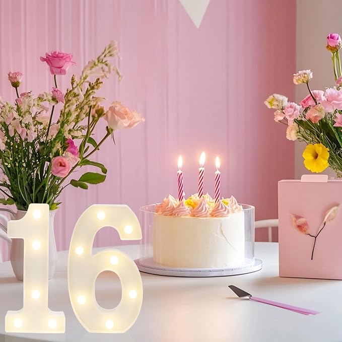 LED Marquee Letter Lights, Decorative Light Up Numbers for 16th Birthday Party, Battery Operated, Warm White Small Marquee 16 Sign for Anniversary Decorations