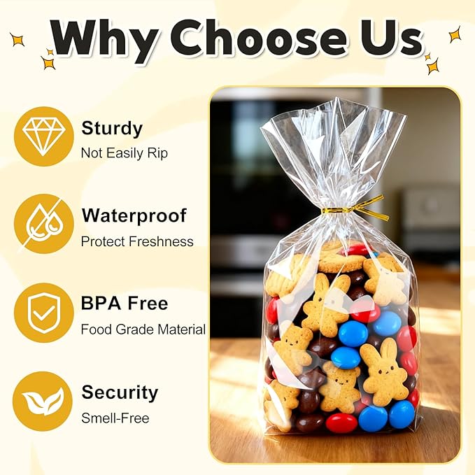 PigPotParty Cellophane Treat Bags 6"x9", 50 Pack Clear Goodie Bags, 2.4" Bottom Gusset for Stand-Up Display, Small Plastic Gift Wrap for Cookies, Candy, Party Favors, Popcorn, Includes 50 Gold Ties