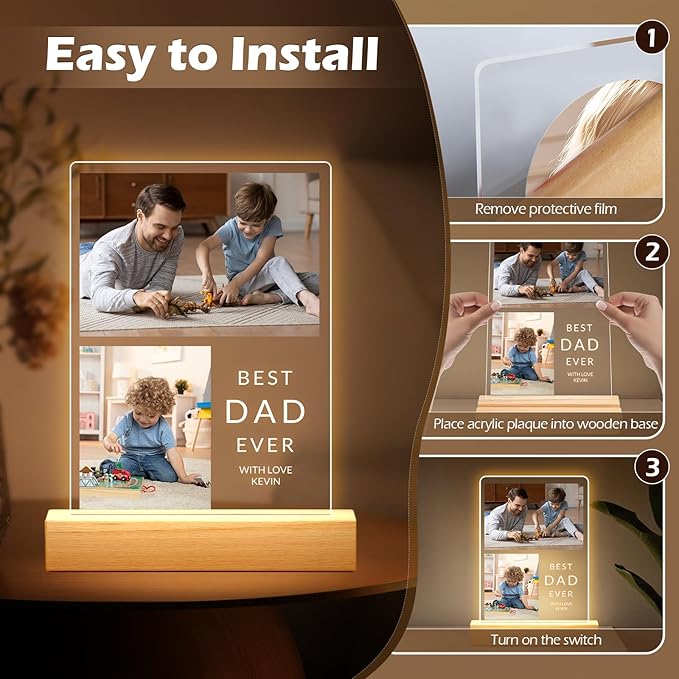 Custom Picture Frames with Photo, Personalized Photo Frame with Night Light, Customized Picture Frames, Custom Photo Gifts, Personalized Birthday Gifts for Dad, Baby, Kids, Family