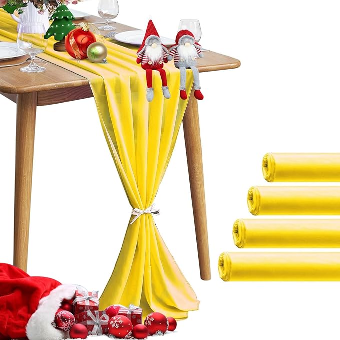 5 Pack 10Ft Chiffon Yellow Table Runner Sheer 29x120 Inch for Romantic Wedding Decor Bridal & Baby Shower Birthday Rustic Party Decoration