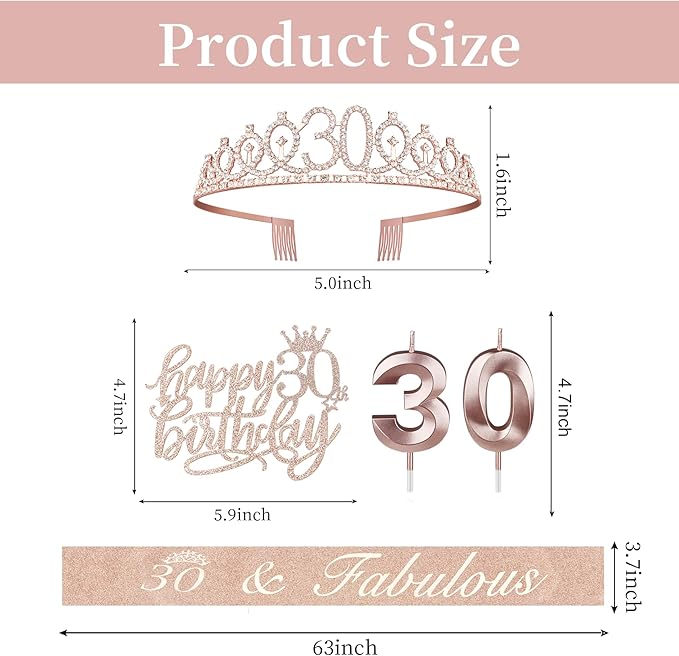 30th Birthday Decorations for Her, Including Sash, Crown/Tiara, Candles, Cake Topper, 30th Birthday Gifts for Her
