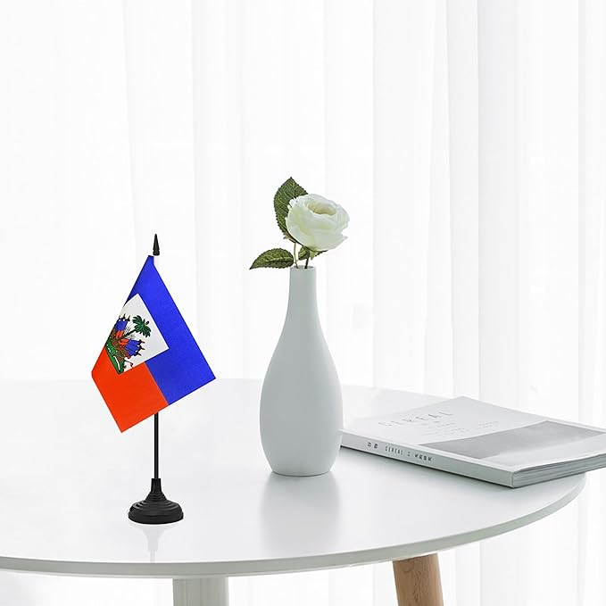12 Pack Haiti Desk Flag Set, Haitian Table Office Flag, Small Miniature Desktop Flag With Black Pole and Black Base, Classroom, Offices Meeting Desk Decoration (Haiti)