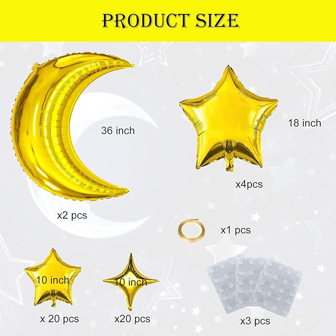 50pcs Moon and Star Balloons Gold，36"Moon Foil Balloons 18"10" Star Foil Balloons Four Pointed Star Balloon Mylar Balloon for Baby Shower Christmas Anniversary Wedding Birthday Party