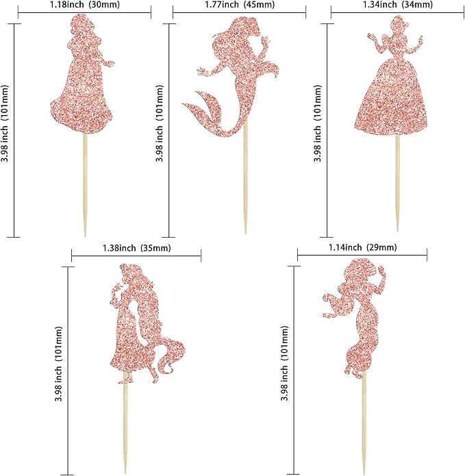 Gyufise 36Pcs Princess Cupcake Toppers Glitter Mermaid Girl Castle High Heel Crown Cupcake Picks Princess Theme Baby Shower Girls Birthday Party Cake Decorations Rose Gold