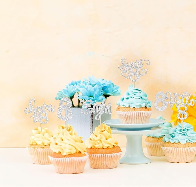 30Pcs 8th Birthday Cupcake Toppers Glitter Eight Hello 8 Cupcake Picks Cheers to 8 Years Old Cake Decorations for 8th Birthday Party Supplies Silver