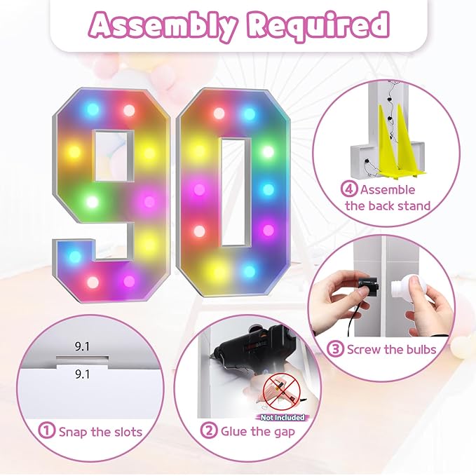 Marquee Numbers 90th-Birthday Decoration: Colorful 4FT Large Light Up 90 Year Old Birthday Decorations Anniversary Backdrop for Boys Girls Cardboard Sign 18 Colors Number 90 Mosaic Balloon Frame