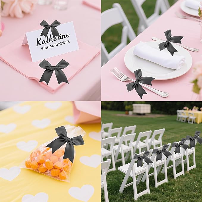50 PCS Twist Tie Bows Satin Ribbon Bows 3.3 Inch Gift Wrap Bows Craft Bows for Gift Wrapping, Party Decorations Gifts Bag DIY Treat Bags Wedding Decor Baby Shower Christmas (Black)