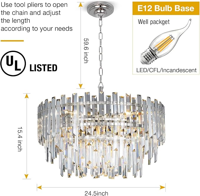 Crystal Chandelier Lighting 24'' Chrome for Dining Rooms Bedroom Foyer Entryway Ceiling Hanging Pendant Chandelier Light Fixture Lamp