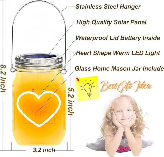 Hanging Solar Mason Jar Lights, 4 Pack Heart Shape Led Lights, Solar Lanterns Outdoor Waterproof Lights, Hangers and Jars Included, Gift for Mothers Day,Home Party Wedding Lover Garden Patio Decor (4)