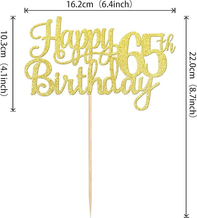 1 PCS Happy 65th Birthday Cake Topper Gold Glitter Cheers to 65 Years Birthday Cake Pick 65 Fabulous Cake Decoration for Happy 65th Birthday Theme Party Decorations Supplies