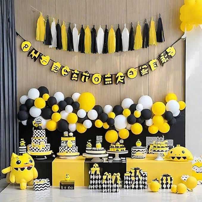 Yellow White and Black Tassel Garland Banner Paper Tassels for Party Decorations,Pack of 15