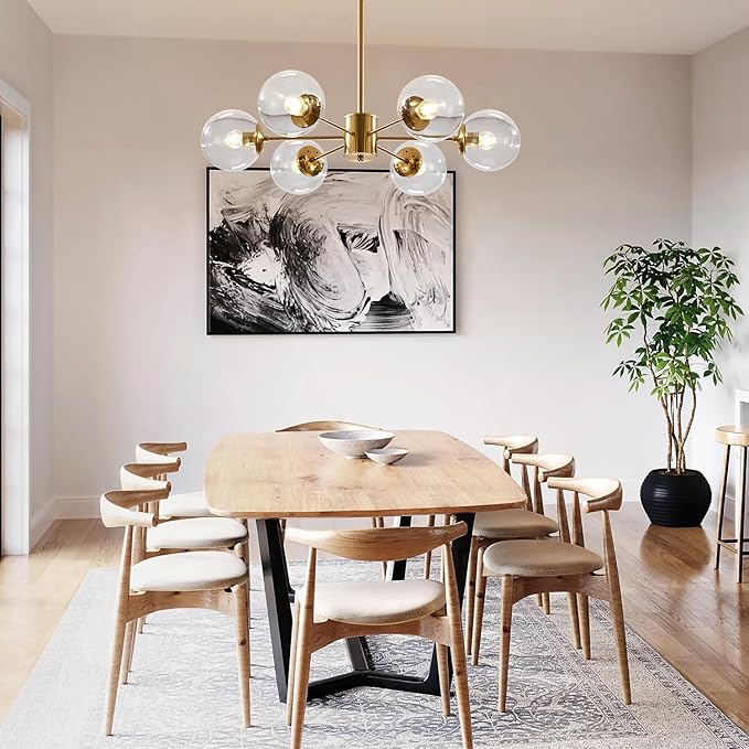 KCO Lighting Modern 6-Light Sputnik Chandelier with Clear Glass Globe Mid Century Adjustable Ceiling Pendant Light Gold Brass Flush Mounted Fixture