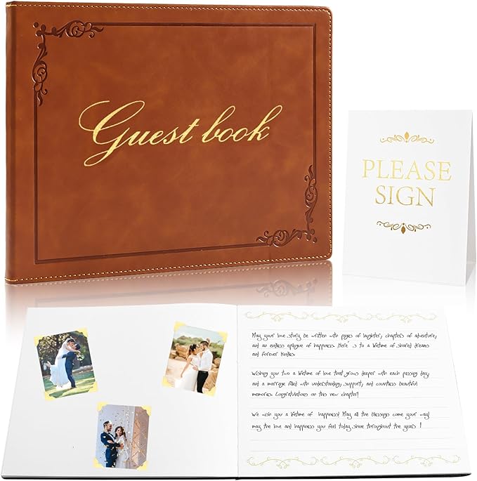 8x10 Leather Guest Book and Standup Sign Set, Gold Foiled Cover Registry Book for Wedding Reception, Retirement Party, Vacation Homes and Events, 120 Sheets (Brown)