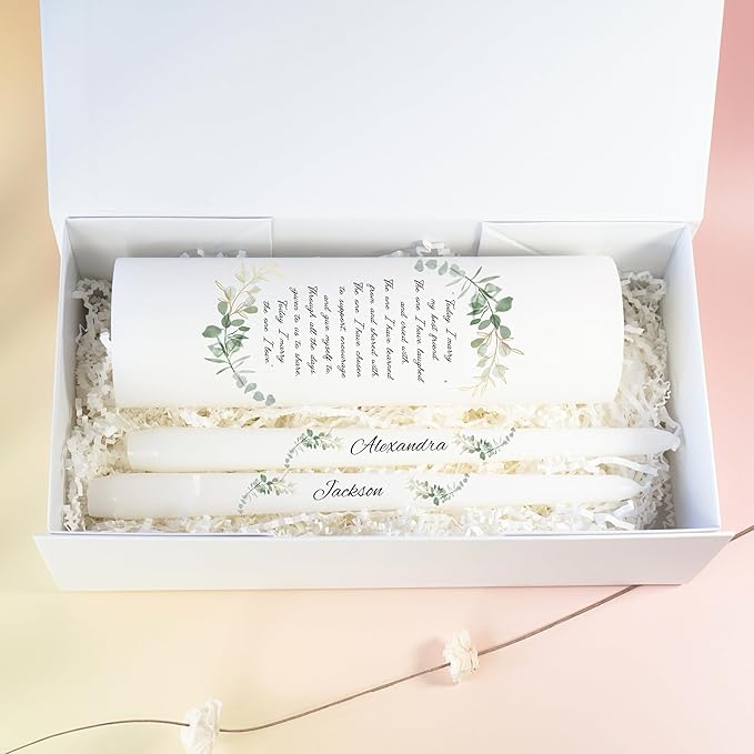 Unity Candles for Wedding, Modern Unity Set, Custom and Personalized Taper Candles with Bible Quote, Unscented White Premium Wax, Religious and Wedding Ceremony, Special Events (Custom Names)