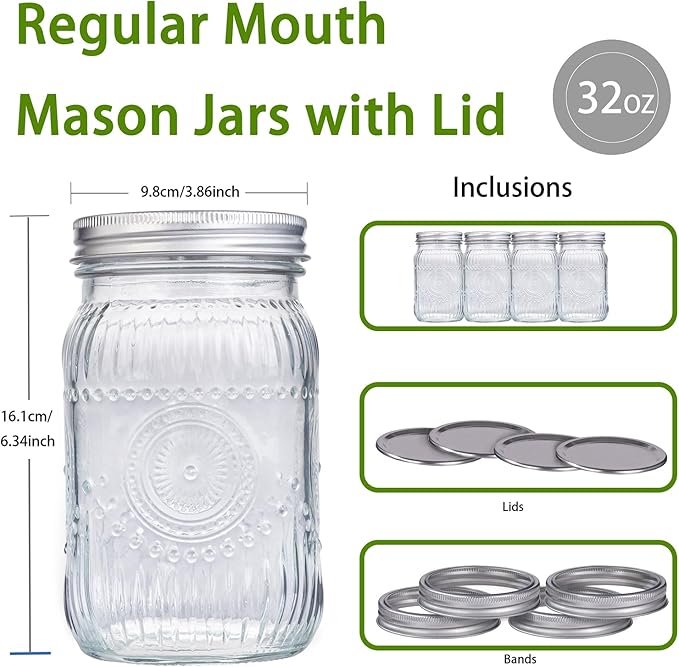 MirthMood 32 oz mason jars , Glass jars with airtight lid Canister Quart Jars for Kitchen Storage ，Mason jar wide mouth Perfect for Canning, Pickling, Preserving, Fermenting, DIY Crafts & Decor 2 Pack